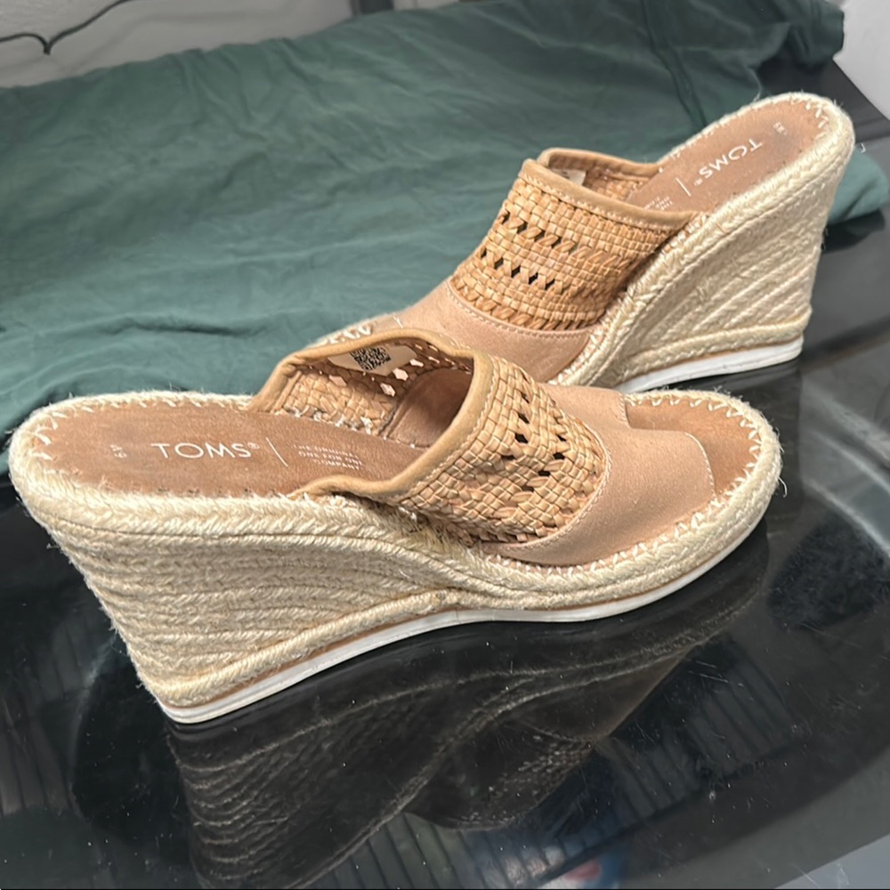 Toms Tan Woven Espadrille Wedge Mules